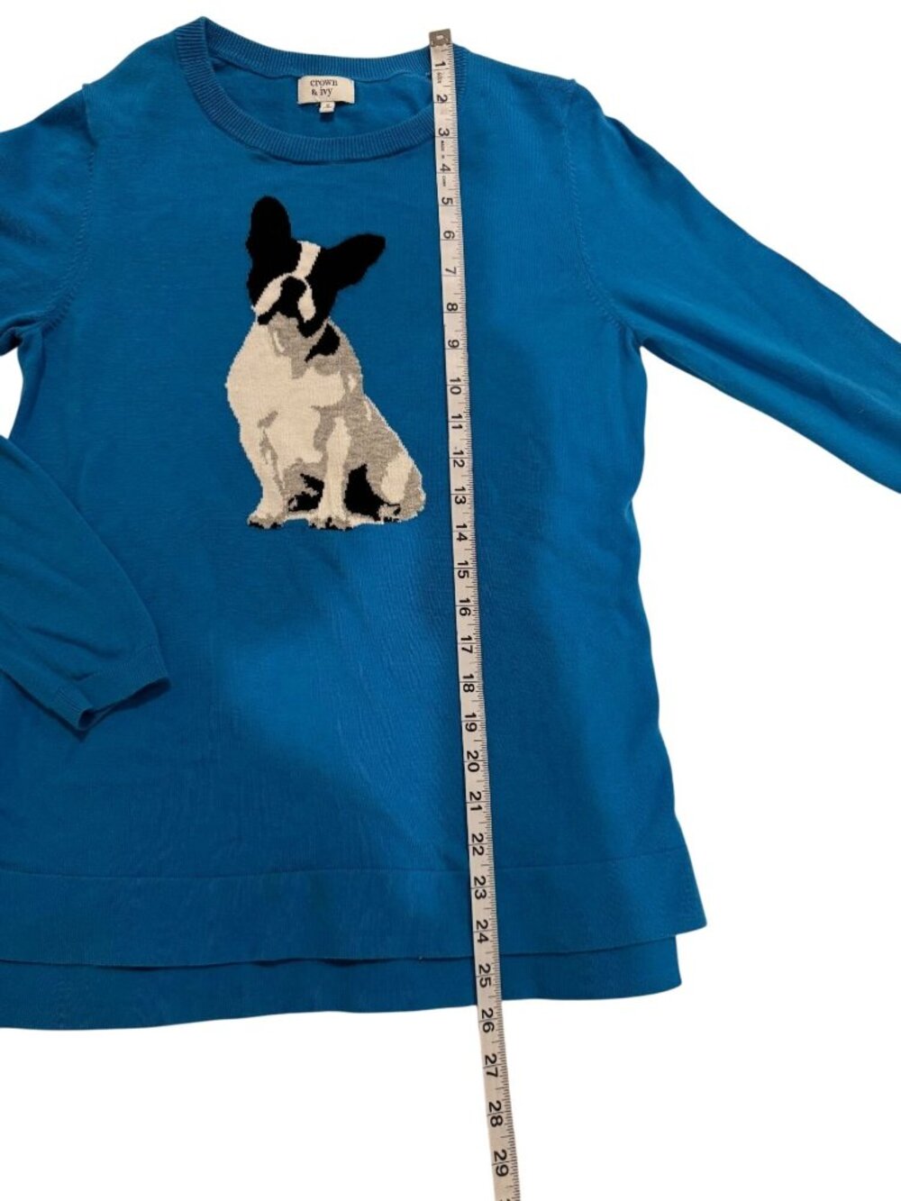 Crown & Ivy Womens Blue Sweater French Bulldog Design Small Crewneck Cotton - Picture 4 of 6